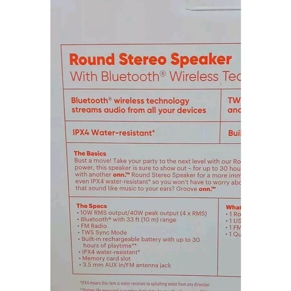 Groove Onn. Round Stereo Speaker Bluetooth Wireless IPX4 Water-Resistant 30 Hrs - Picture 5 of 6